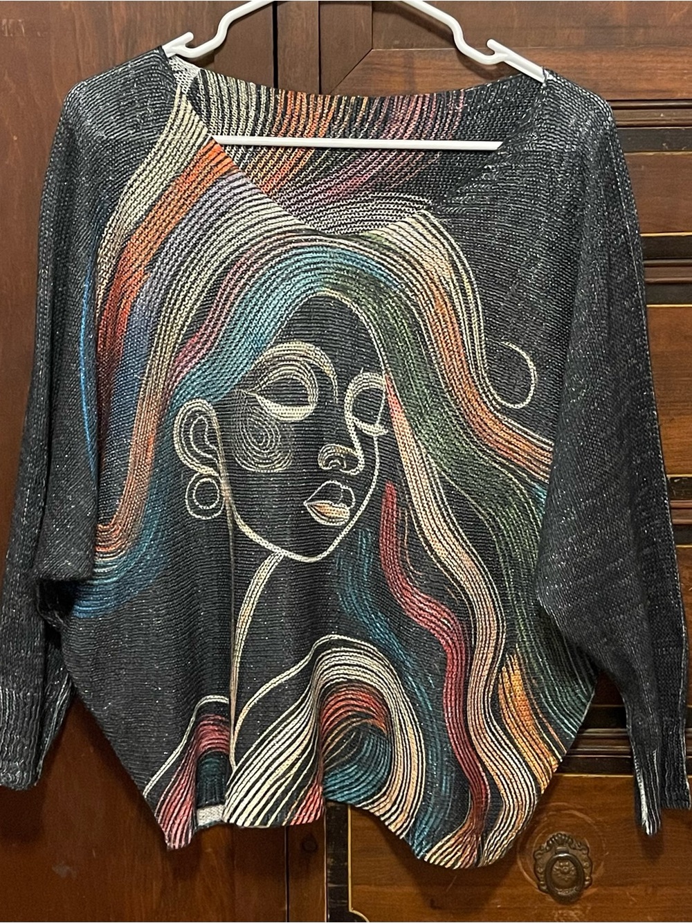 Vintage Retro Abstract Face Graphic Knit Sweater – Black Batwing Dolman Slouchy